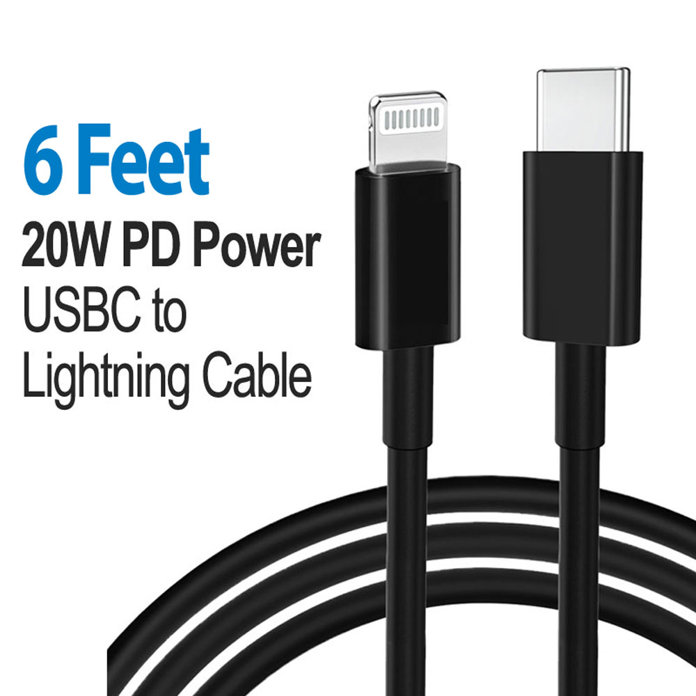 IOS Lightning 8PIN iPHONE 20W PD Fast Charging USB-C to Lightning USB Cable 6FT (Black)